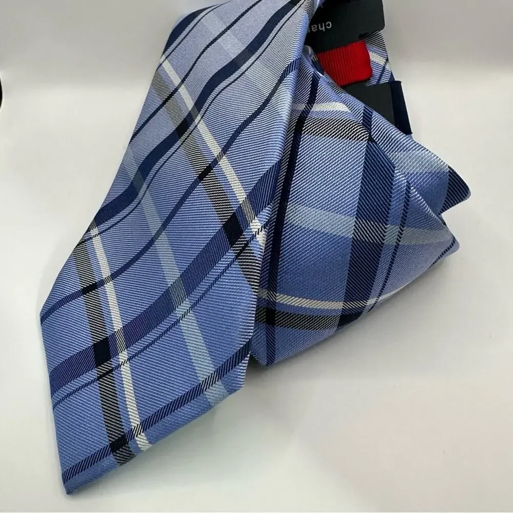 CHAPS NWT Blue White Plaid Neck Tie Lot of 2  Set Bundle 100% Silk Classic